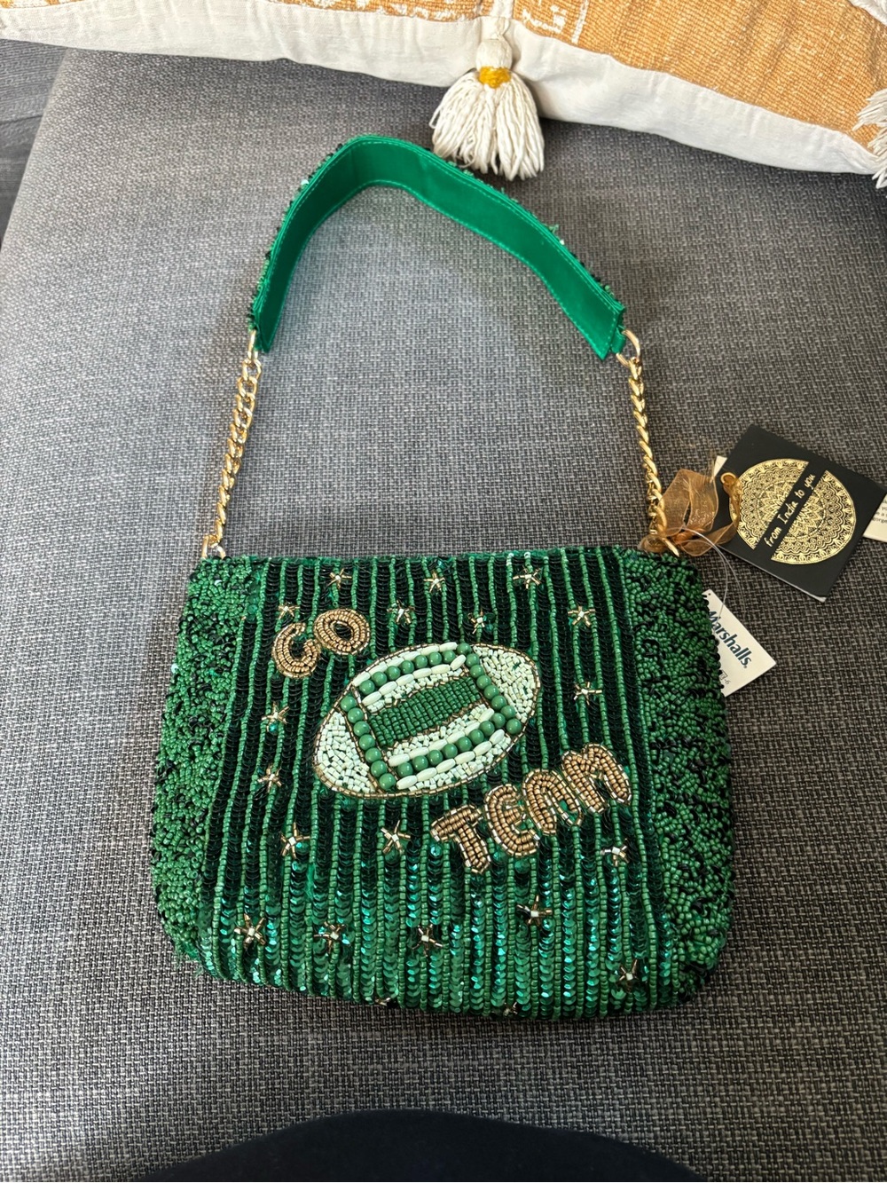 Go Team Green Beaded Bag with Chain Strap